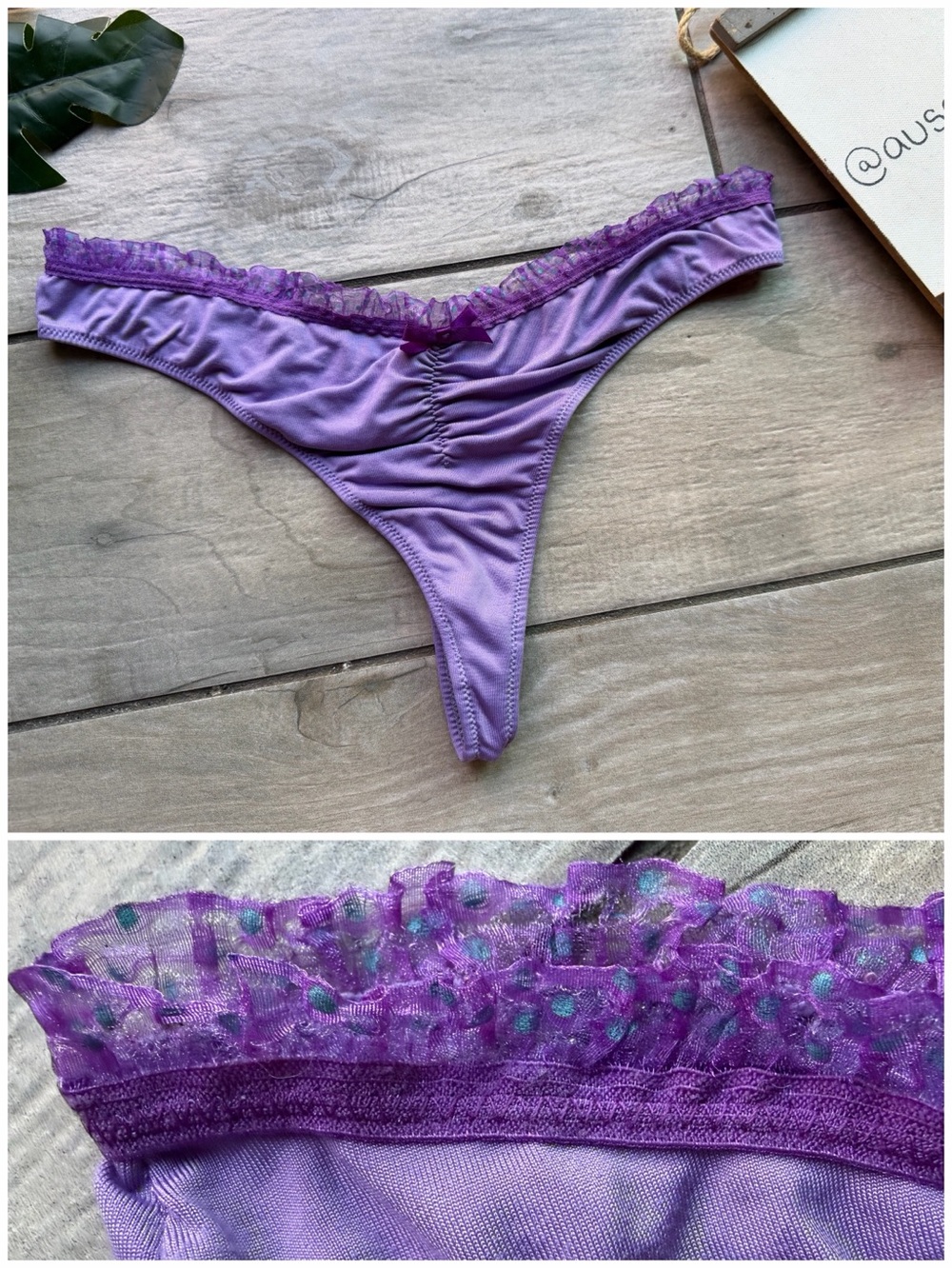 Rare Vintage 2006 Victoria's Secret Purple  Scrunch Polka Dot Lace Thong. Size M
